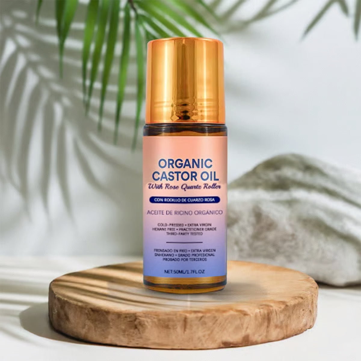 🏆#1 Más Vendido ⏰Aceite de Ricino Dorado Orgánico Roll-On con Cuarzo Rosa